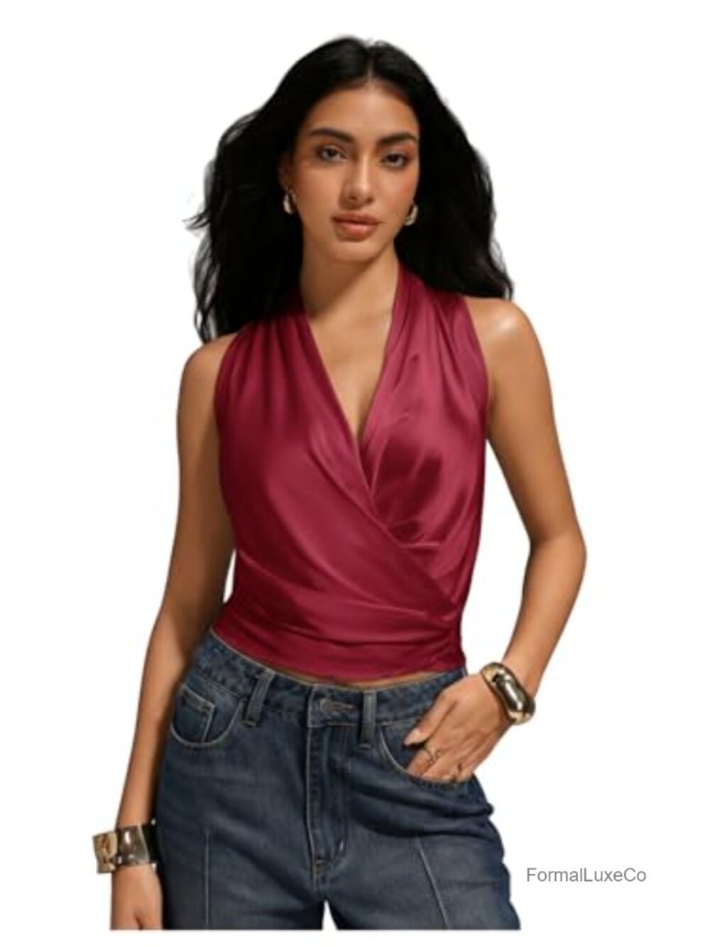 Satin Wrap Ruched Tie Side V Neck Sleeveless Tank Blouse